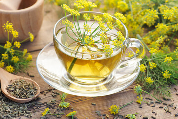 Fennel seed tea or extract on wooden background with fresh flowers nearby, copy space, natural...
