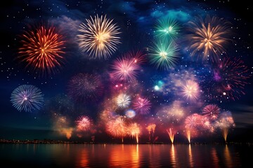 Fototapeta na wymiar Vibrant and colorful birthday fireworks creating a stunning display against the night sky, captured with the realism and brilliance of an HD camera for a festive atmosphere
