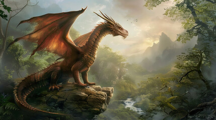 Create a mystical interpretation of a dragon in a mystical landscape - obrazy, fototapety, plakaty