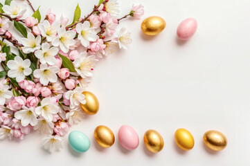 Obraz premium Happy Easter. Golden and multicolored Easter eggs with branches of cherry blossoms lie flat on a white background. Flat lay, copy space. Greeting card or banner