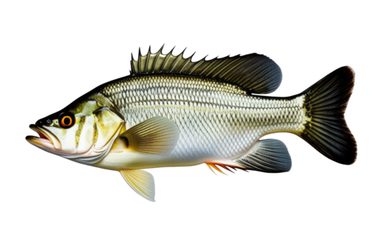 a high quality stock photograph of a single white bass fish isolated on transparent background