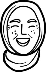 Character smiling Muslim woman different age and ethnicity. Young and aged, diverse. Vector outline illustration, linear, thin line, hand drawn sketch,  adoodle 