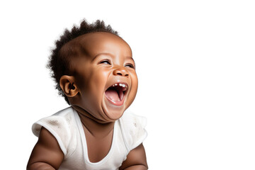 a quality stock photograph of a happy african baby laughs and screams with joy isolated on white or transparant background - obrazy, fototapety, plakaty