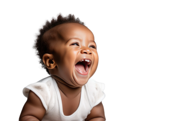 a quality stock photograph of a happy african baby laughs and screams with joy isolated on white or transparant background