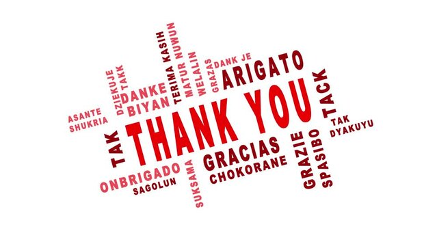 Thank you flat text animation. Red colors thanks in different language motion graphic animated on white background