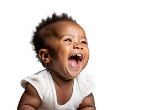 a quality stock photograph of a happy african baby laughs and screams with joy isolated on white or transparant background