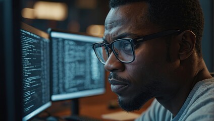 Black Man Working on Computer, Lines of Code Language Reflecting on his Glasses, Male Programmer Developing New Software, Managing Cybersecurity Defence Project
