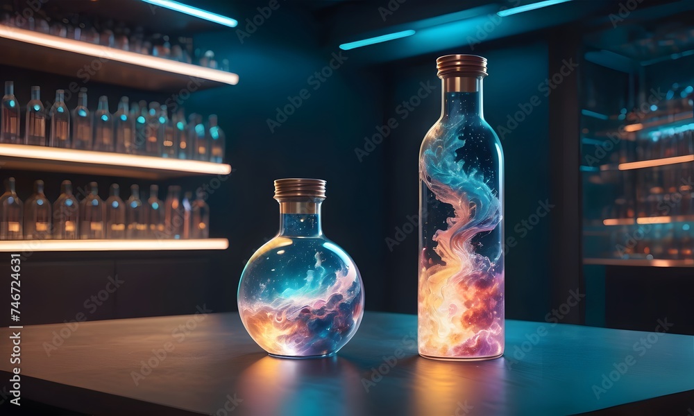 Poster bottles on a bar counter contain swirling cosmic phenomena, blending the wonder of the universe with