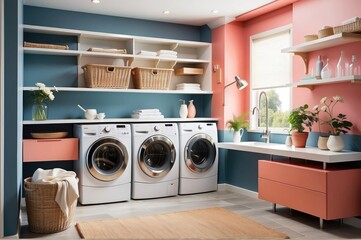 A Beautiful laundry room with long narrow space, washing machine in the kitchen
