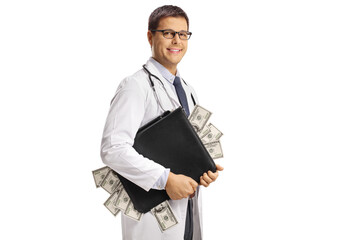 Male doctor holding a briefcase full of money