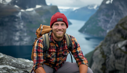 Smiling backpacker with backpack resting on cliff and enjoying mountain full-flowing river view during autumnal mountain trekking in Mountains. Active people in nature, getaway to Nature concept.
