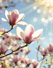 Blooming magnolia tree in the spring sun rays. Selective focus