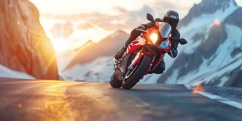 "Experienced Motorcyclist Speeds Through Scenic Mountains at Sunset". Concept Adventure Photography, Motorcycle Lifestyle, Mountain Views, Sunset Silhouette, Speed and Motion