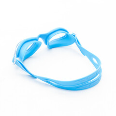 Blue swimming goggles on white background. Strap closeup