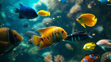 Diverse collection of exotic fish swimming in an aquarium. - Powered by Adobe