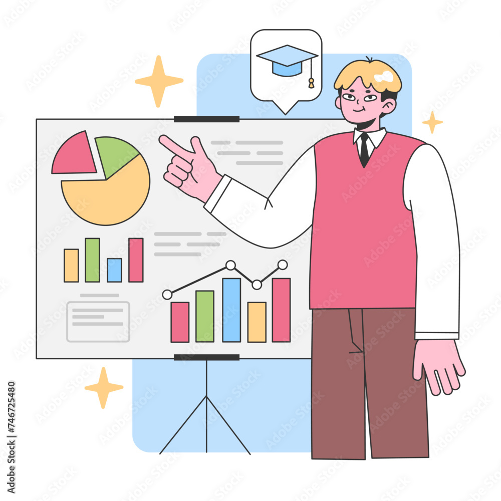 Poster confident educator explaining data charts on a presentation board. flat vector illustration.