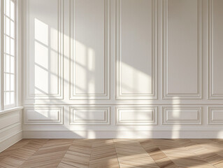 intérieur classique français vide avec des moulures sur des murs blancs