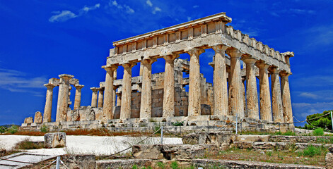 Greece travel and landmarks . antique temple of Orfeas in Aegina island, the prototipe of Acropolis. Saronics gulf - 746725474