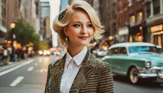 beautiful young woman dressed in 50s retro style with stylish hair stands on the street of old new york with cars, vintage fashion, feminine girl 