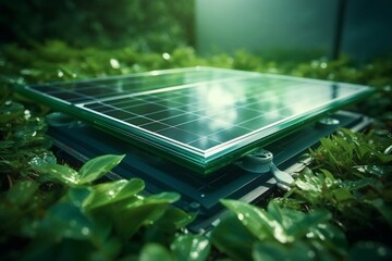 Solar panels in the garden. Solar power plant among trees and bushes. Application of photoelectric converters to ecological profit. Solar power panel. Green energy concept - obrazy, fototapety, plakaty