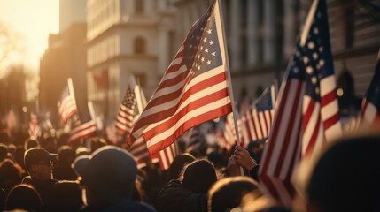Background blur of crowd at political rally in the United States holding signs and carrying US flags. Great image for upcoming election cycle in 2024 presidential campaigns. Copy space - obrazy, fototapety, plakaty