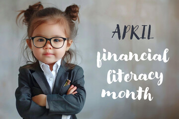 Cute girl in glasses and suit, Financial literacy month sign