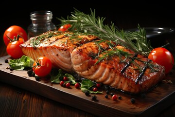 Grilled salmon on cutting board on wooden background