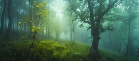 A foggy forest filled with tall trees, their branches shrouded in mist. The dense fog creates an eerie atmosphere, obscuring the sunlight and casting shadows on the forest floor. The trees stand tall