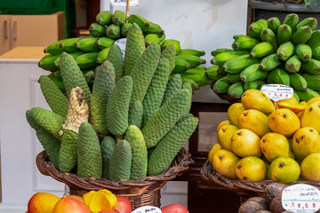 Exotic tropical fruit stall at Mercado dos Lavradores, Funchal, Madeira island, Portugal, Europe....