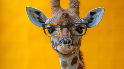 A joyful giraffe with colorful glasses, adding a playful touch to its long neck and endearing pers - obrazy, fototapety, plakaty