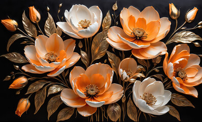 Beautiful wild floral seamless pattern on dark background, luxury golden vibes, Generative AI