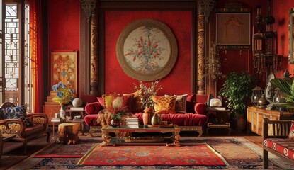 Fototapeta na wymiar a high-end Asian Indian living room with a touch of modern luxury, emphasizing the color red. Let generative AI bring this vision to life with intricate details and decor