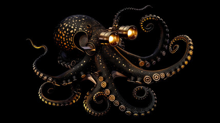 Fototapeta premium Octopus in a deep sea exploration retro submarine-Enhanced