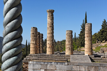 Apollo Temple in Delphi, an archaeological site in Greece, at the Mount Parnassus. Delphi is famous by the oracle at the sanctuary dedicated to Apollo
