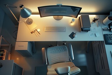 A captivating aerial view of a well-organized, modern workspace, designed with ergonomics in mind, in honor of World Day for Safety and Health at Work.