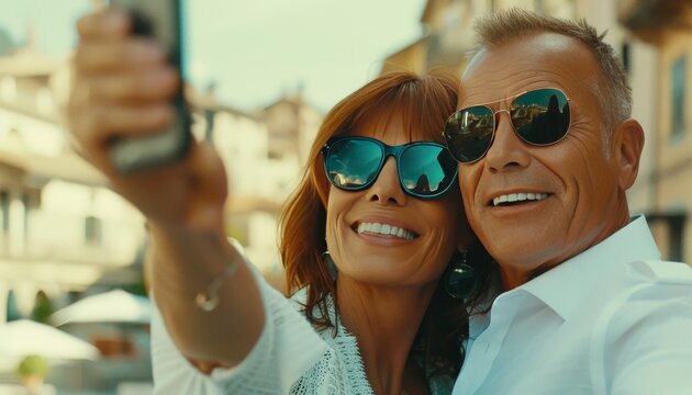 Elderly couple taking vacation selfie with blurred downtown background, copy space for text.