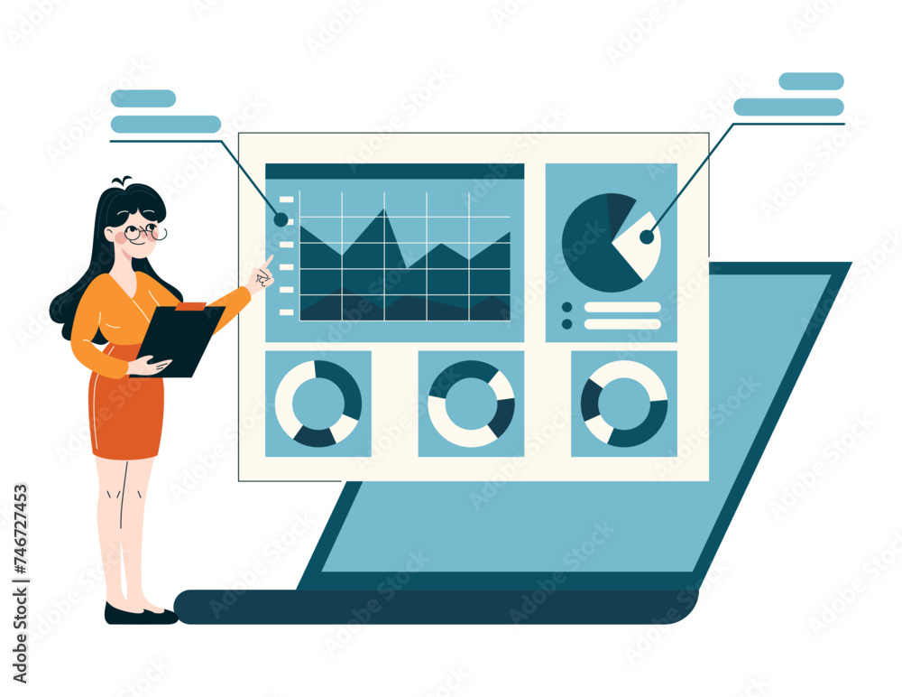 Poster skilled analyst exploring graphs on a laptop, optimizing business strategies