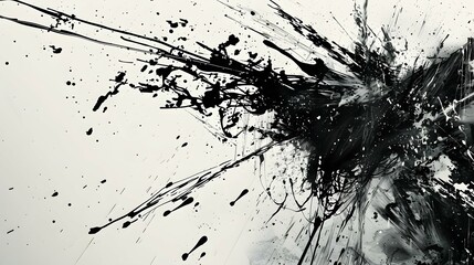 A striking abstract sketch, with contrasting black and white paint splatters, evokes a sense of dynamic movement and raw artistic expression