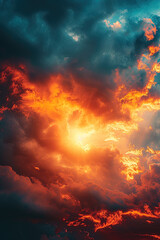 Fototapeta premium Warm and cool evening dramatic cloudscape. Puffy vivid sky