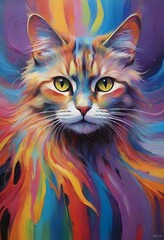 A majestic feline is portrayed with a cosmic array of swirling colors. The artwork blends animal beauty with abstract color patterns. AI generation
