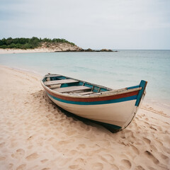 A wooden boat peacefully sits atop a sandy white beach, illuminated by warm sunlight. The calm reflection of the tranquil ocean creates a serene and beautiful scene. The secluded beach with its bright