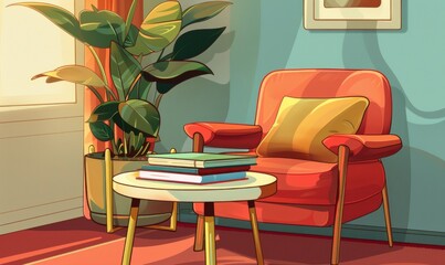 the retro living room has a plant and books sitting on a table Generative AI