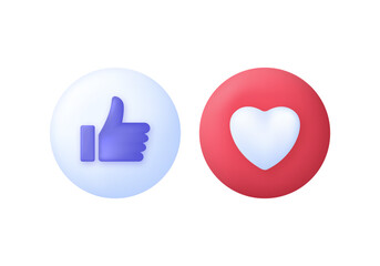 3D Like icons. Thumb up and heart. . Hands Gesture. Vote or rating signs concept. Like concept