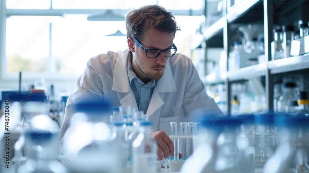 Poster an engineer is conducting experiments in a science lab, wearing a lab coat. aig41
