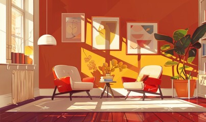 living room in retro style in the living room with table and books Generative AI