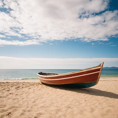 Naklejka premium A wooden boat peacefully sits atop a sandy white beach, illuminated by warm sunlight. The calm reflection of the tranquil ocean creates a serene and beautiful scene. The secluded beach with its bright