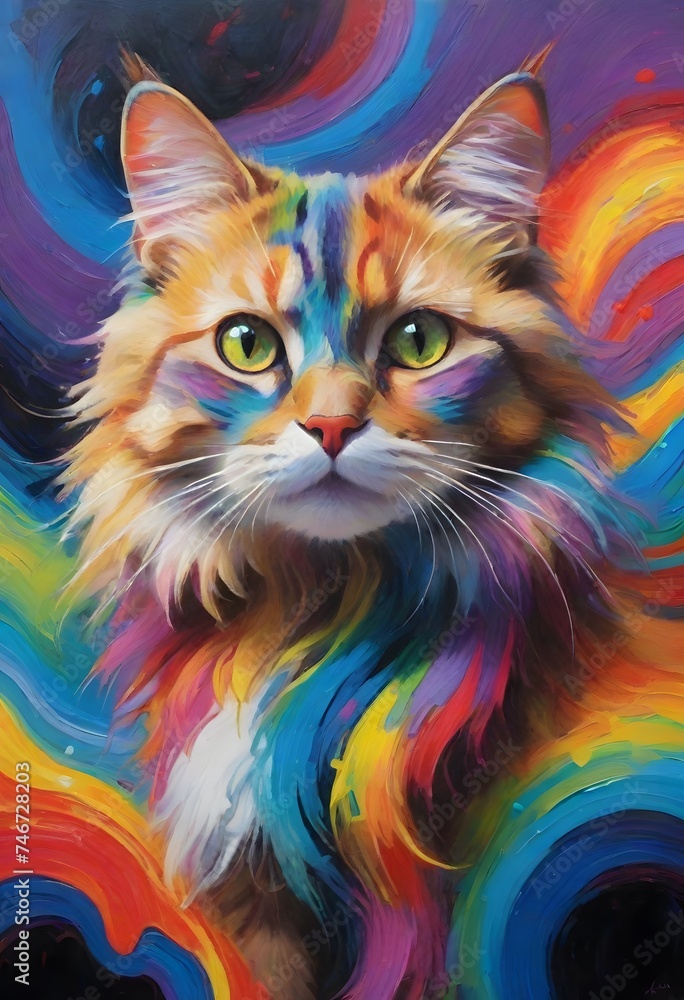 Poster a majestic feline is portrayed with a cosmic array of swirling colors. the artwork blends animal bea