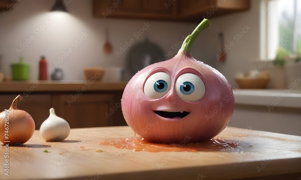Poster a cheerful onion character with a big smile sits on a kitchen counter, bringing a playful twist to t