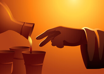 Biblical vector illustration series. Jesus's hand blessing water to turn it into wine