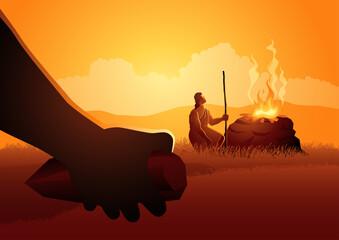 Biblicall vector illustration series. This powerful collection depicts the poignant moment of Cain holding a sharp rock, consumed by jealousy and contemplating the fateful act of ending Abel's life - obrazy, fototapety, plakaty